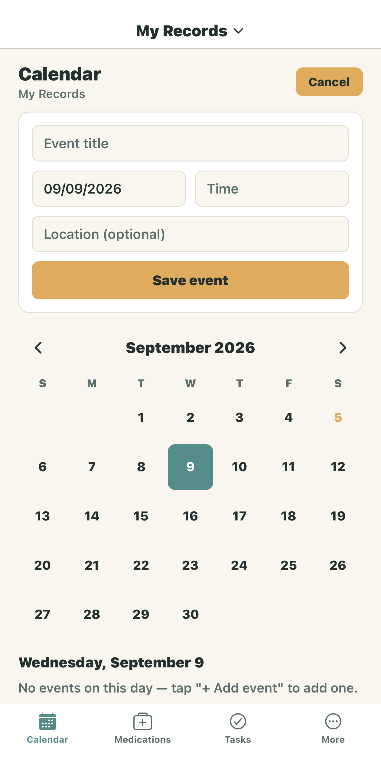 CareCurator calendar with an event form, September month view, and navigation for Calendar, Medications, Tasks, and More.