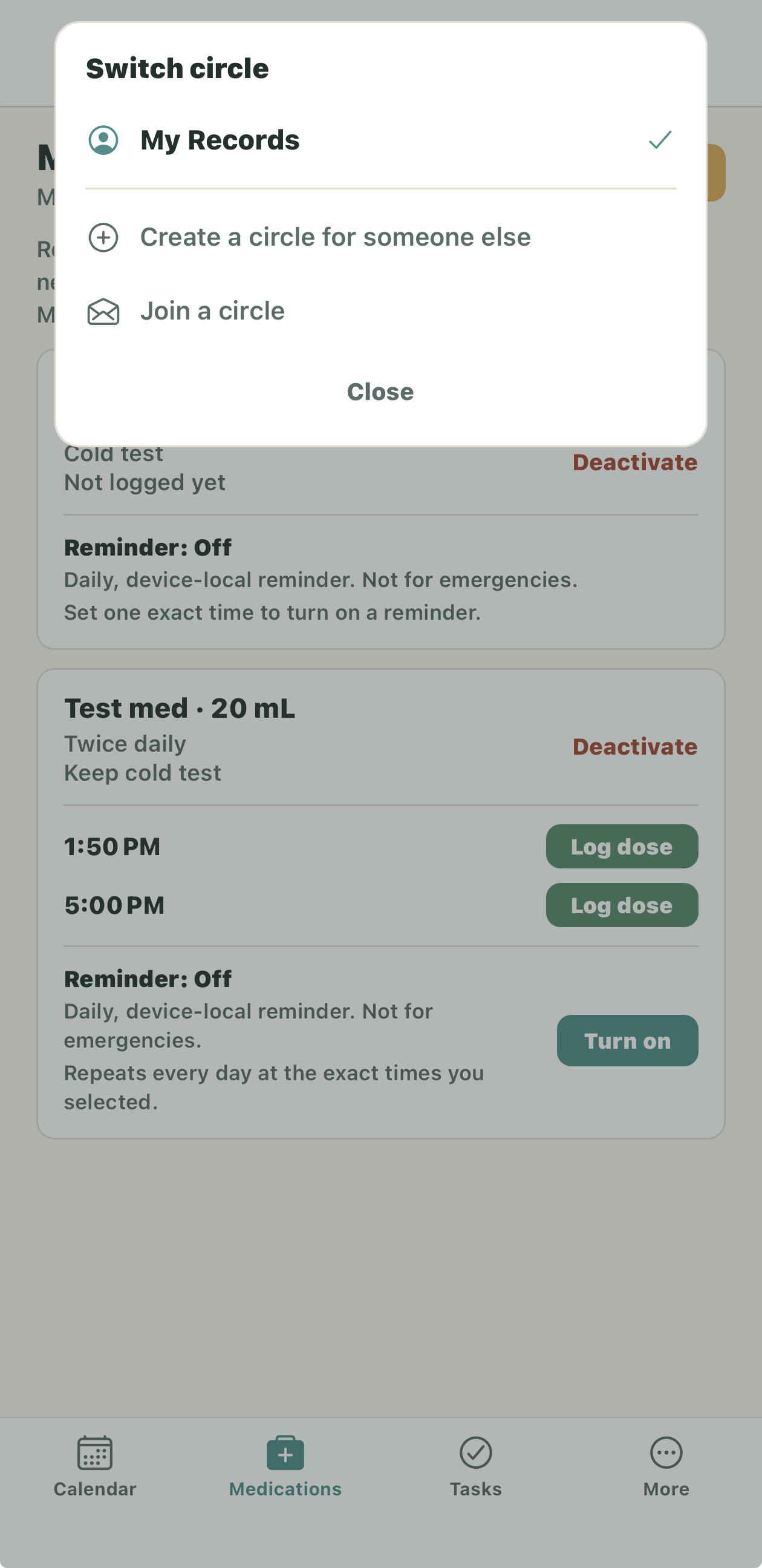 CareCurator Switch circle menu with options for My Records, Create a circle for someone else, and Join a circle, displayed over a sample medication screen.