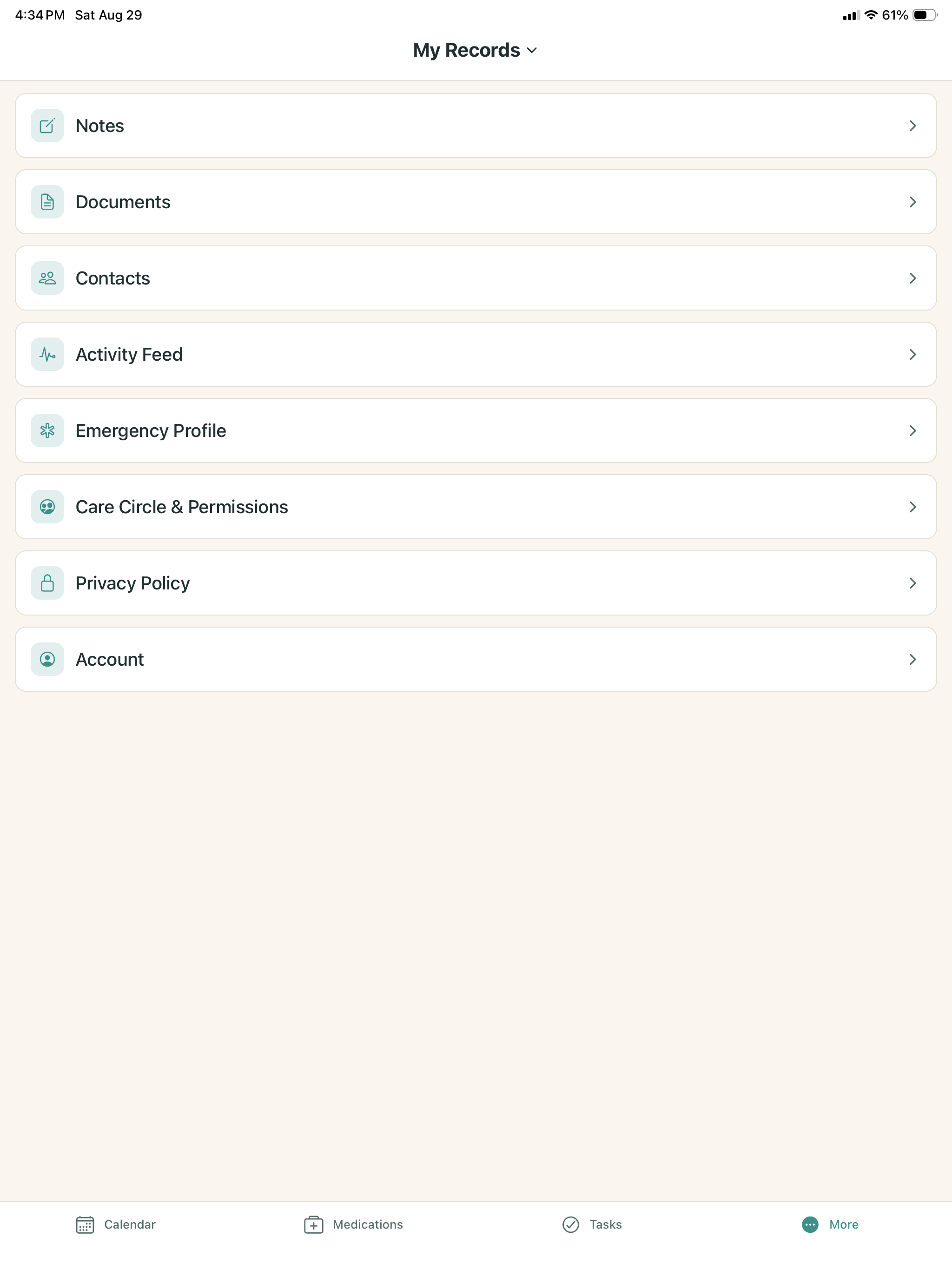 CareCurator My Records screen with Notes, Documents, Contacts, Activity Feed, Emergency Profile, Care Circle and Permissions, Privacy Policy, and Account.